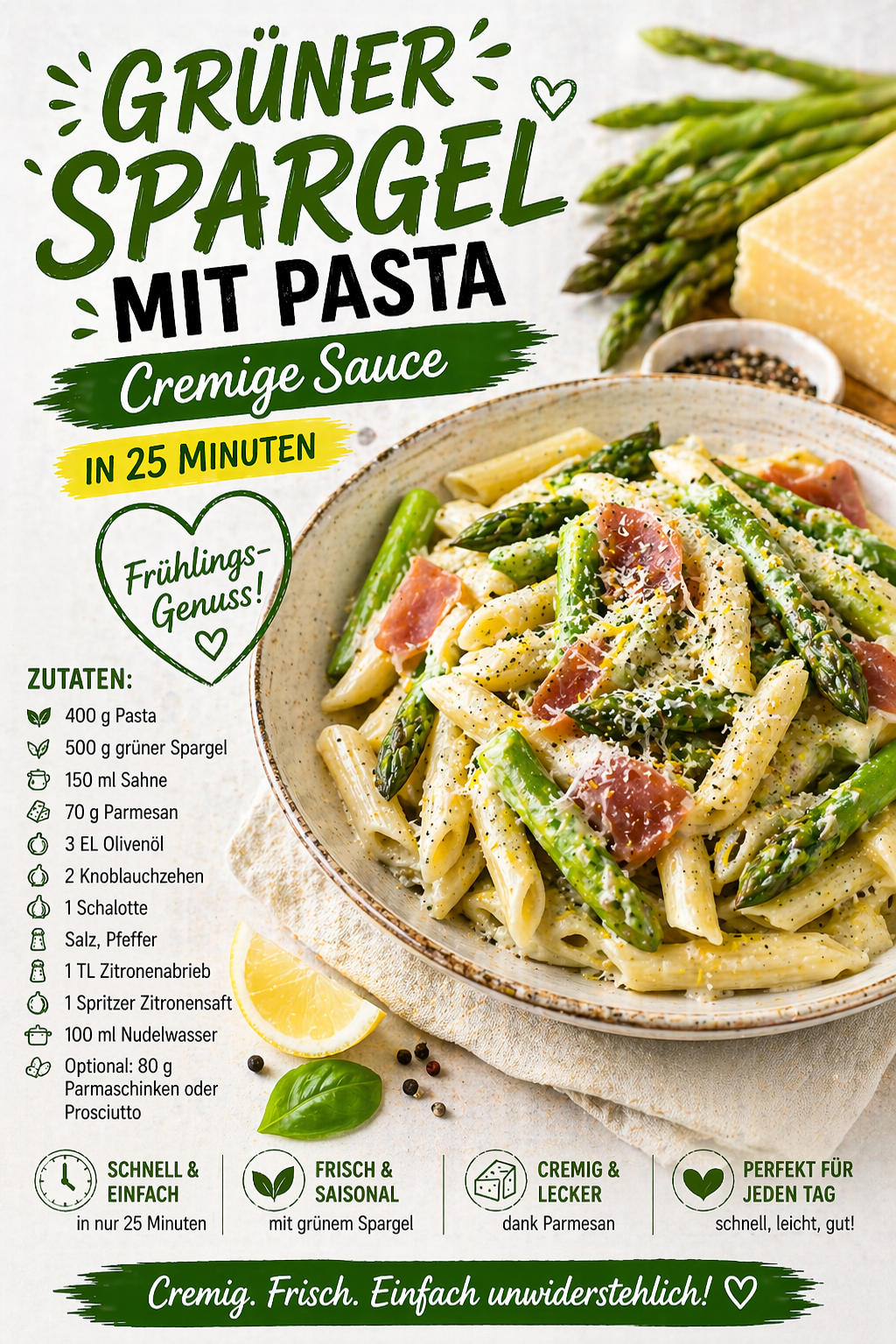 Pinterest Pin: Grüner Spargel mit Pasta: Cremige Sauce in 25 Minuten