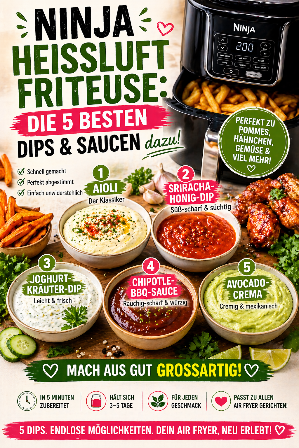 Ninja Heißluftfriteuse: Die 5 besten Dips & Saucen dazu