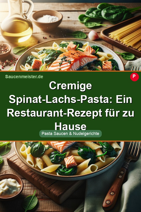Pinterest Pin: Cremige Spinat-Lachs-Pasta: Ein Restaurant-Rezept für zu Hause
